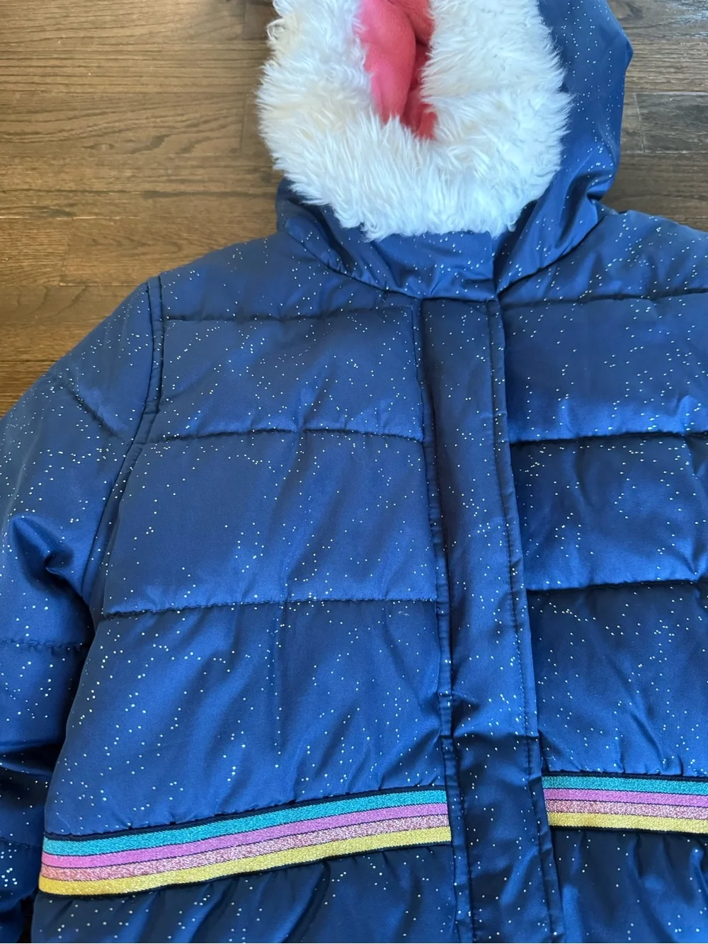 Carter’s, Navy Glitter Puffer Winter Coat Faux Fur Hood, Size 12 EUC